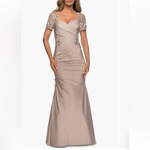 La Femme Satin Evening Gown in Frost Rose